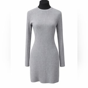 Theory Ribbed Matte Viscose Long Sleeve Sweater Dress Gray Size M, Midi, Office
